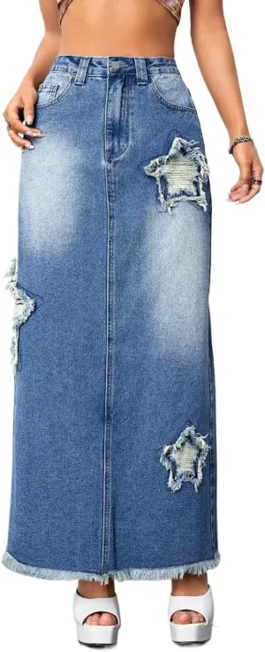 Women's High Waisted Stretch Denim Maxi Skirt Star Patch with Pockets A-Line Long Jean Skirt Casual 2025 Y2K Skirt