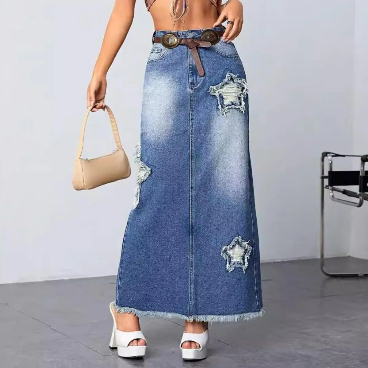 Women's High Waisted Stretch Denim Maxi Skirt Star Patch with Pockets A-Line Long Jean Skirt Casual 2025 Y2K Skirt