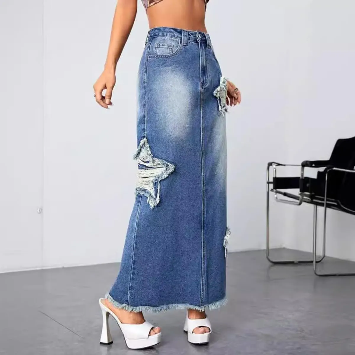 Women's High Waisted Stretch Denim Maxi Skirt Star Patch with Pockets A-Line Long Jean Skirt Casual 2025 Y2K Skirt