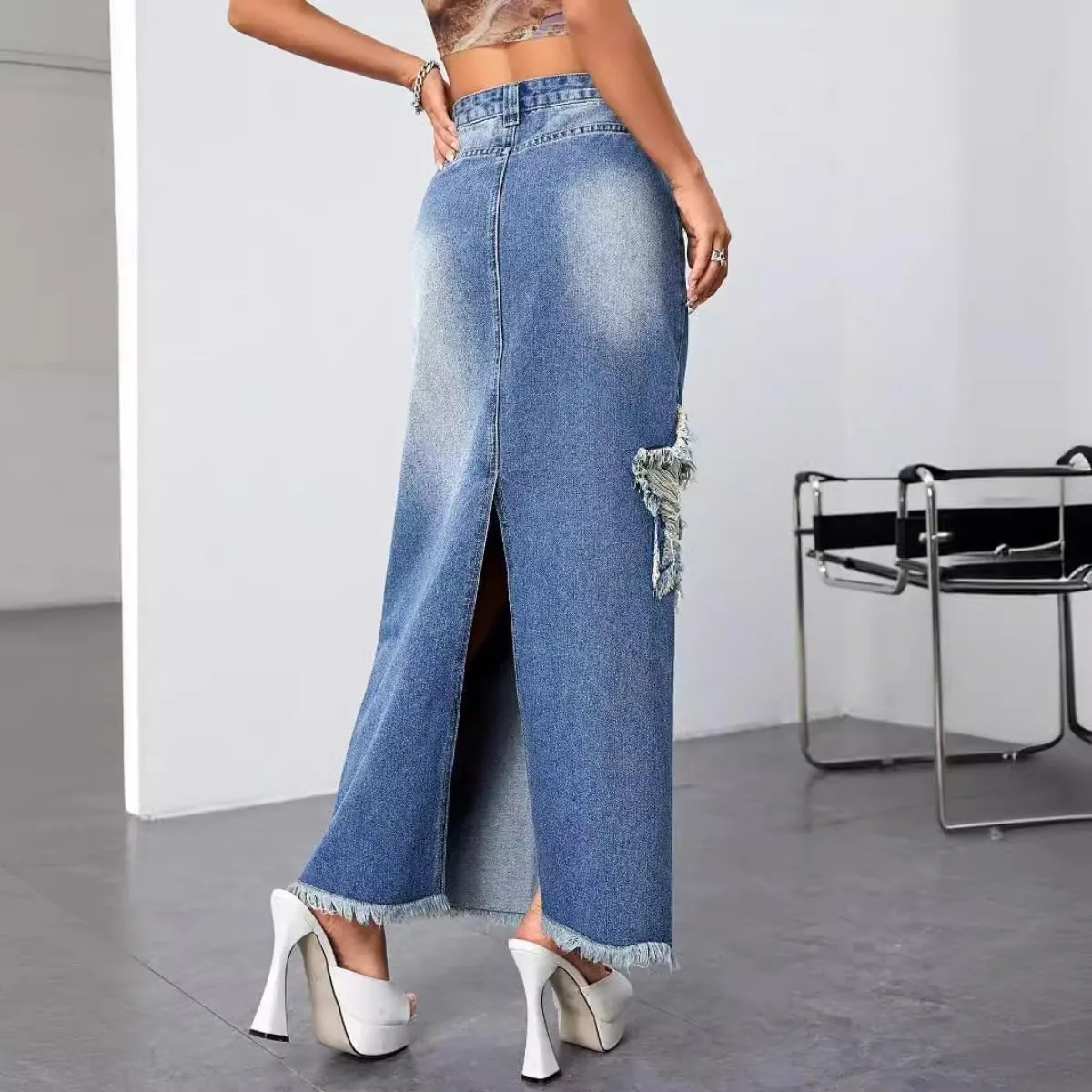 Women's High Waisted Stretch Denim Maxi Skirt Star Patch with Pockets A-Line Long Jean Skirt Casual 2025 Y2K Skirt