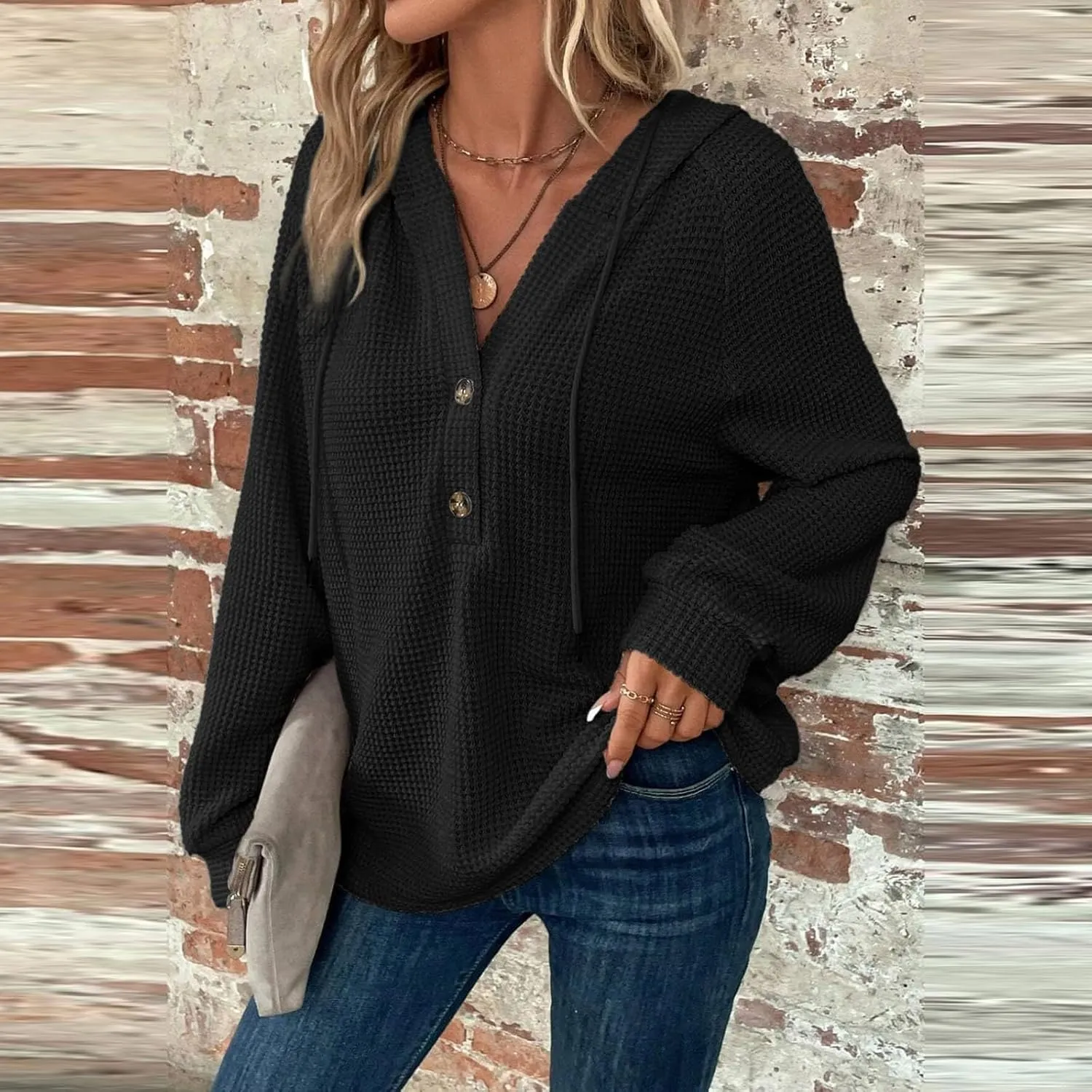 Womens Hoodies Waffle Knit Drawstring Button V Neck Long Sleeve Casual Pullover Sweatshirt Hooded Tops