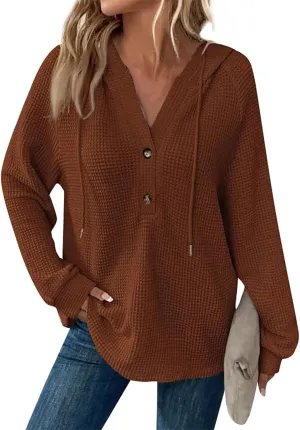 Womens Hoodies Waffle Knit Drawstring Button V Neck Long Sleeve Casual Pullover Sweatshirt Hooded Tops