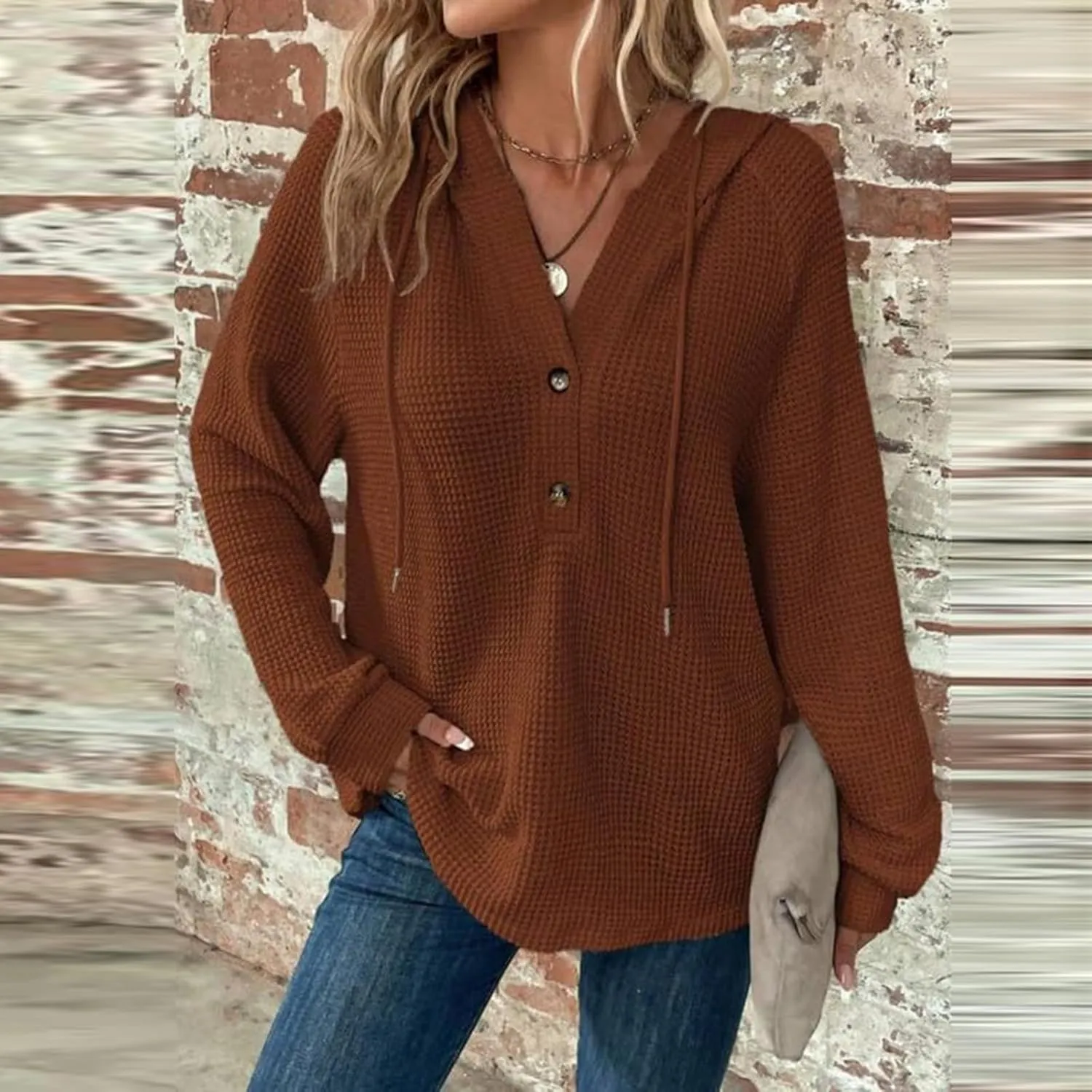 Womens Hoodies Waffle Knit Drawstring Button V Neck Long Sleeve Casual Pullover Sweatshirt Hooded Tops