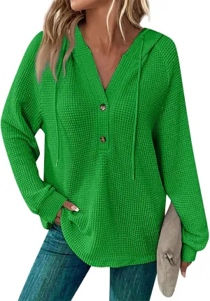 Womens Hoodies Waffle Knit Drawstring Button V Neck Long Sleeve Casual Pullover Sweatshirt Hooded Tops