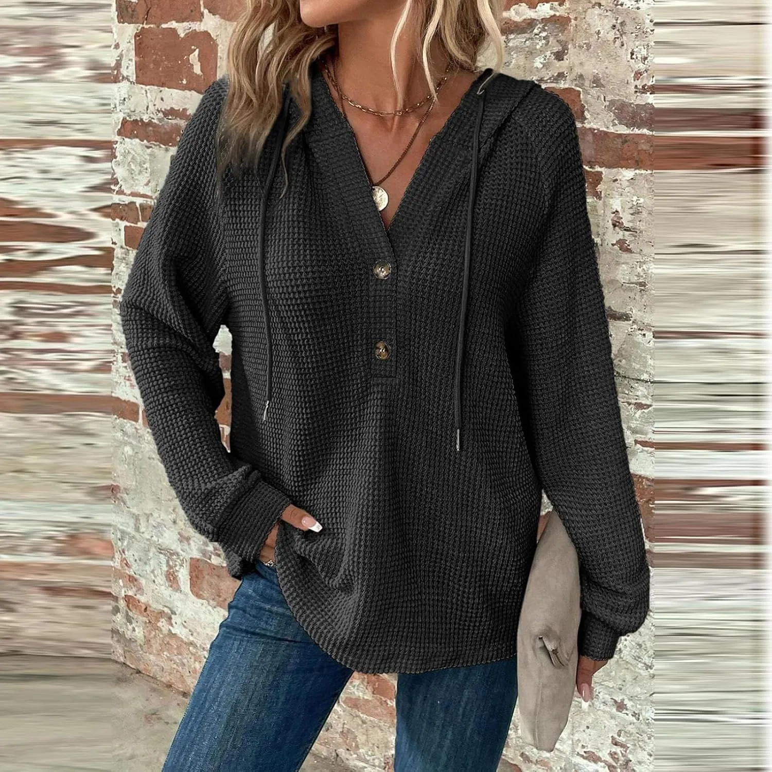 Womens Hoodies Waffle Knit Drawstring Button V Neck Long Sleeve Casual Pullover Sweatshirt Hooded Tops