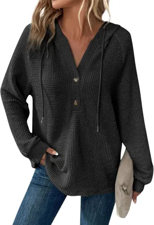 Womens Hoodies Waffle Knit Drawstring Button V Neck Long Sleeve Casual Pullover Sweatshirt Hooded Tops