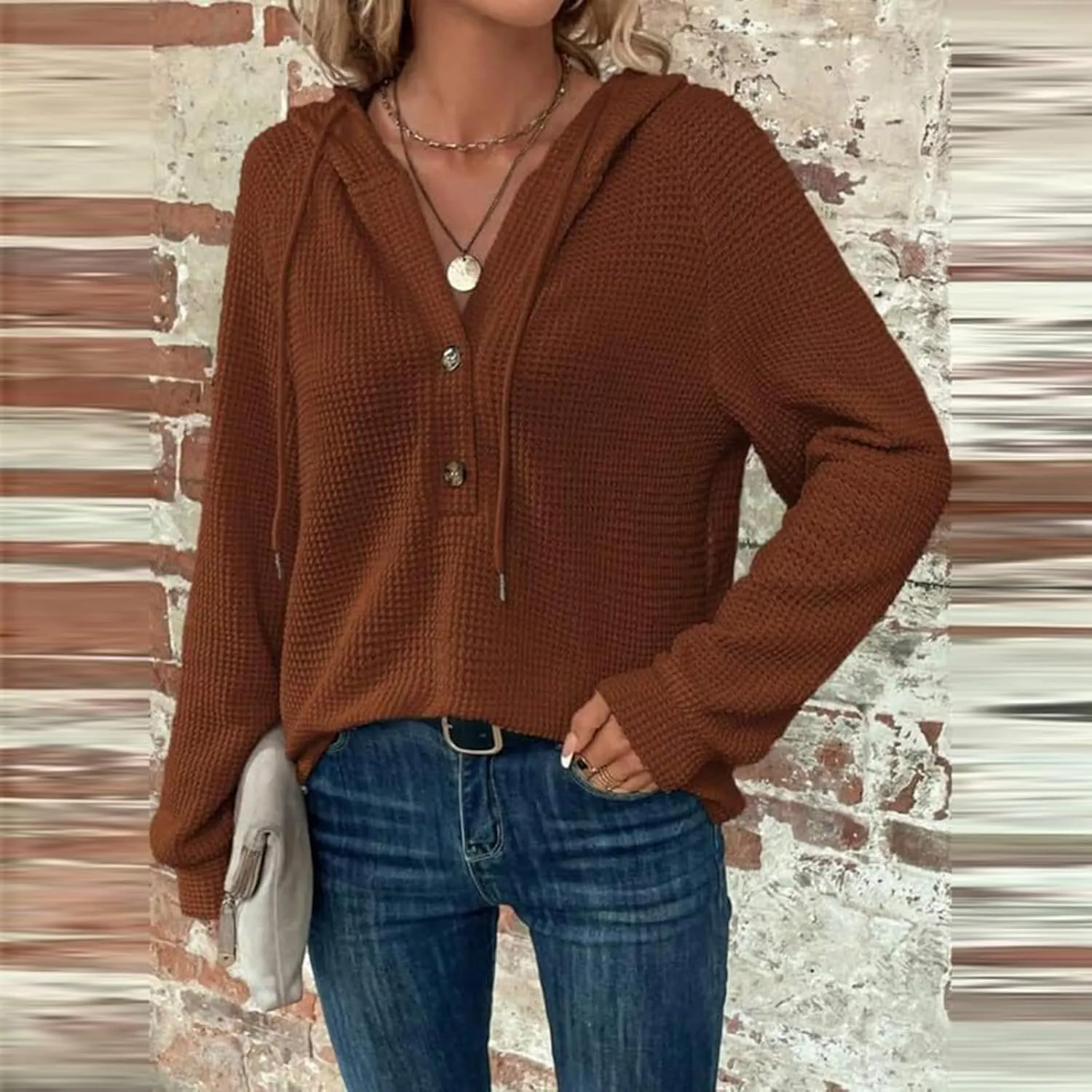 Womens Hoodies Waffle Knit Drawstring Button V Neck Long Sleeve Casual Pullover Sweatshirt Hooded Tops