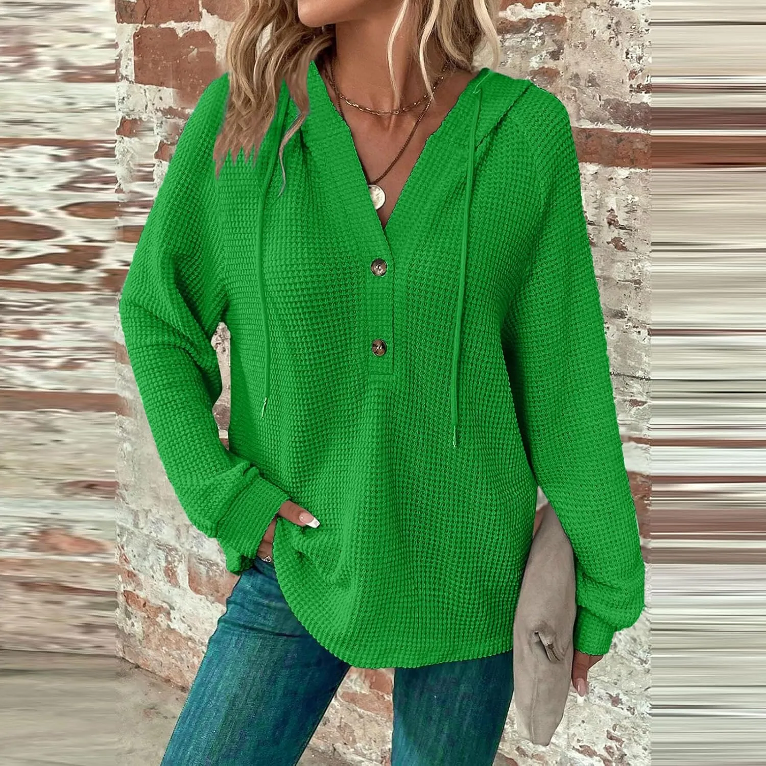 Womens Hoodies Waffle Knit Drawstring Button V Neck Long Sleeve Casual Pullover Sweatshirt Hooded Tops