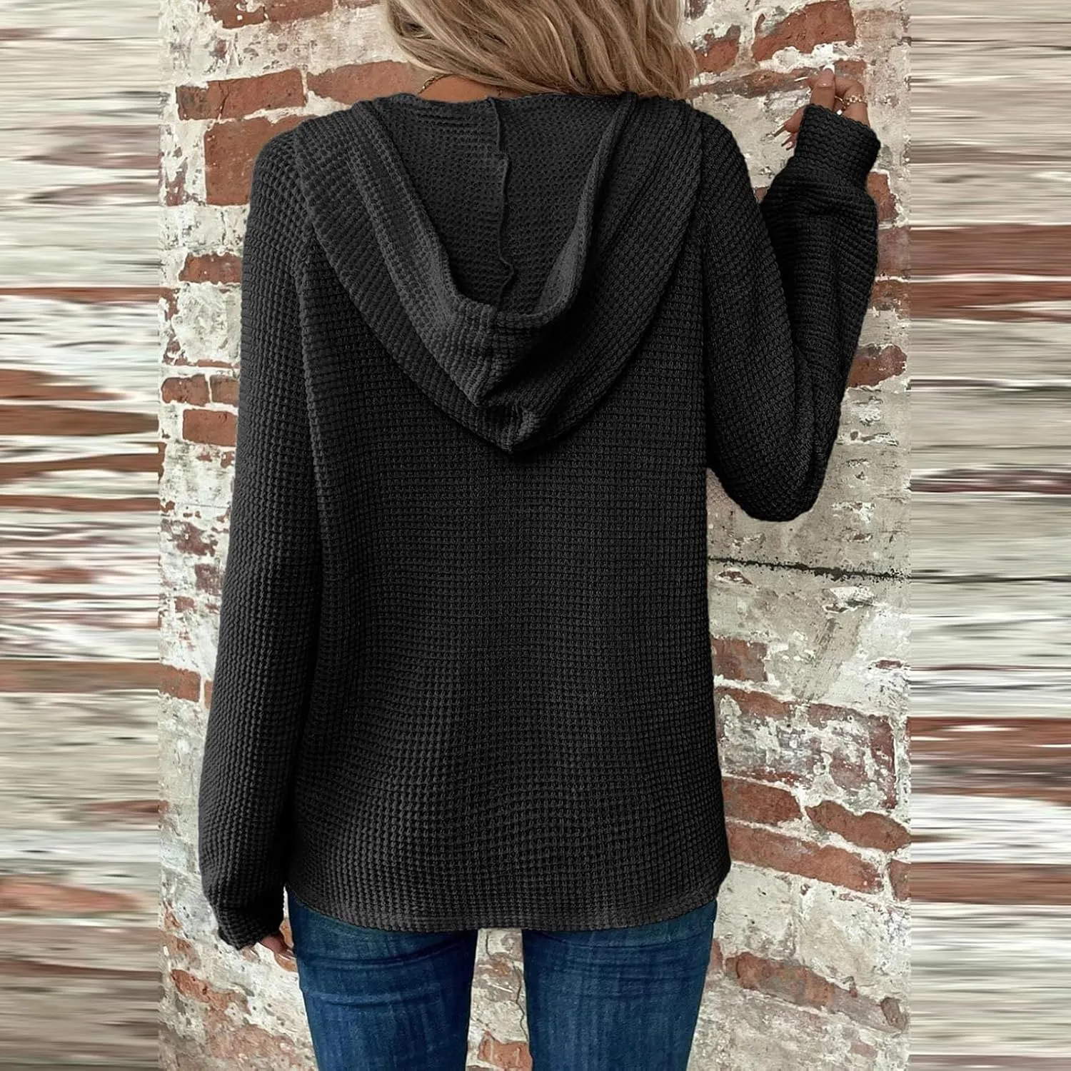 Womens Hoodies Waffle Knit Drawstring Button V Neck Long Sleeve Casual Pullover Sweatshirt Hooded Tops