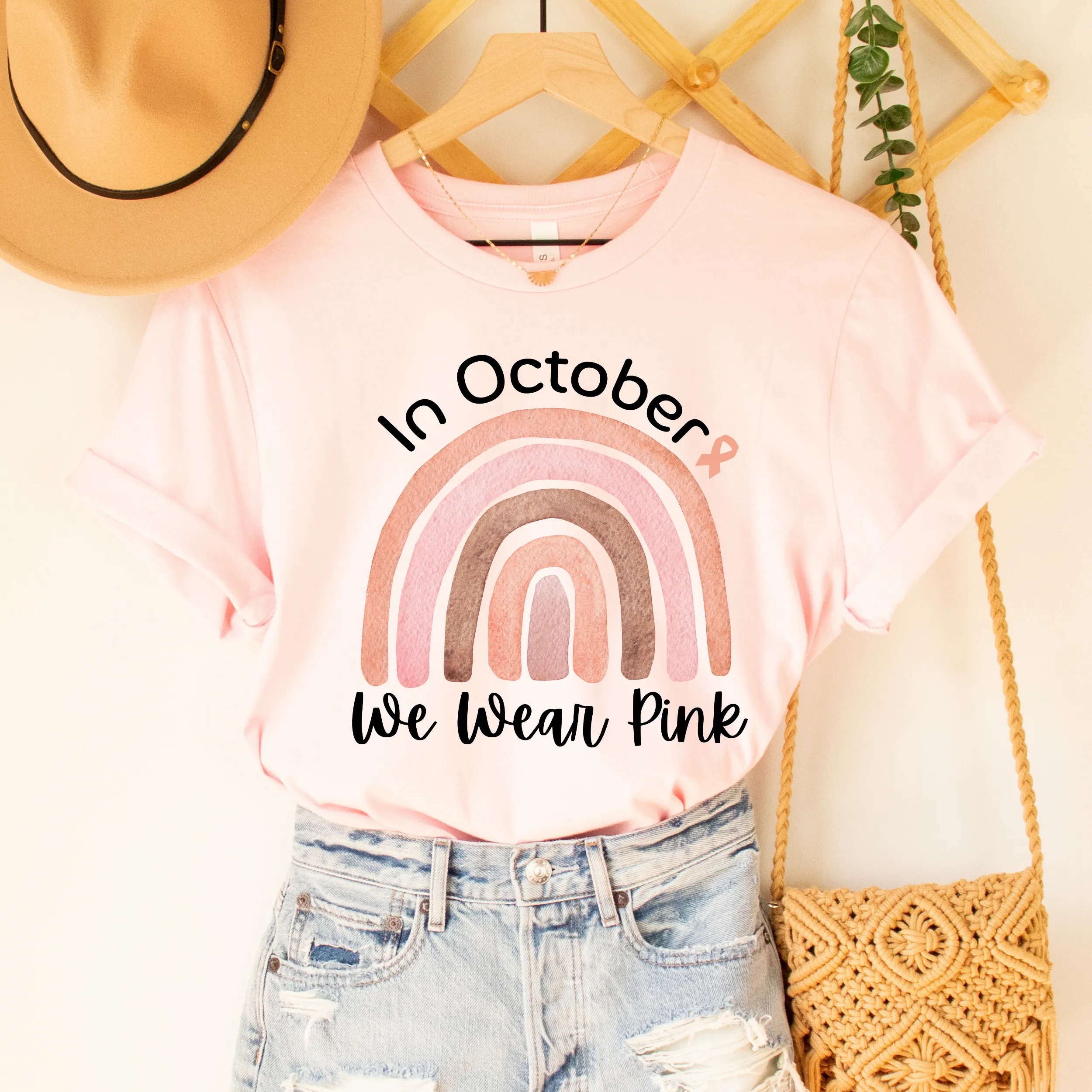 Women's In October We Wear Pink T-Shirt Breast Cancer Awareness Fall Cancer Tee White, Light Pink or Heather Peach T-Shirts