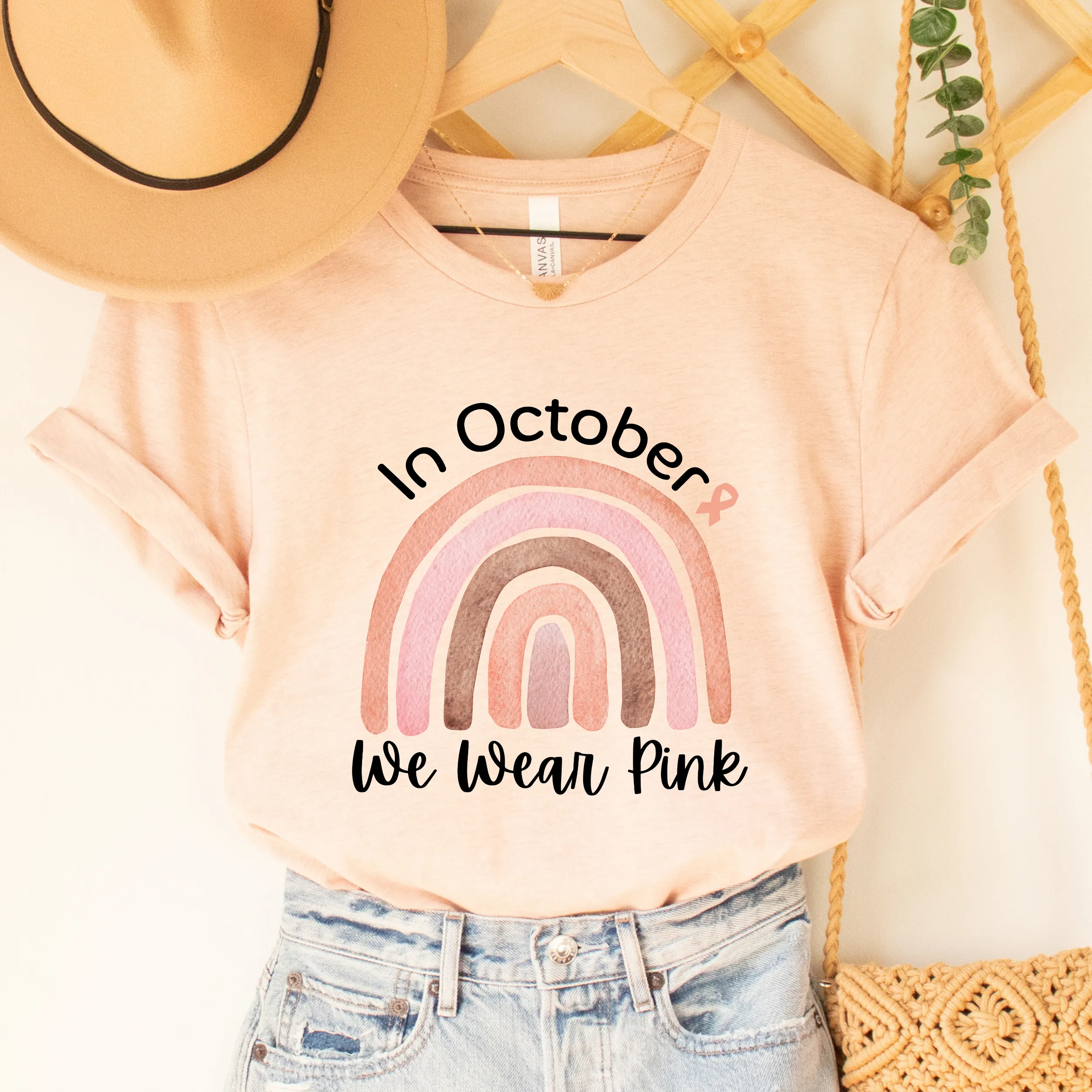 Women's In October We Wear Pink T-Shirt Breast Cancer Awareness Fall Cancer Tee White, Light Pink or Heather Peach T-Shirts