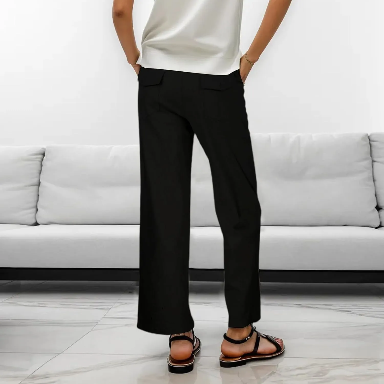 Womens Linen Blend Summer Lightweigt Palazzo Pants Elastic Waist Baggy Stretchy Slim-Fit Pants Beach