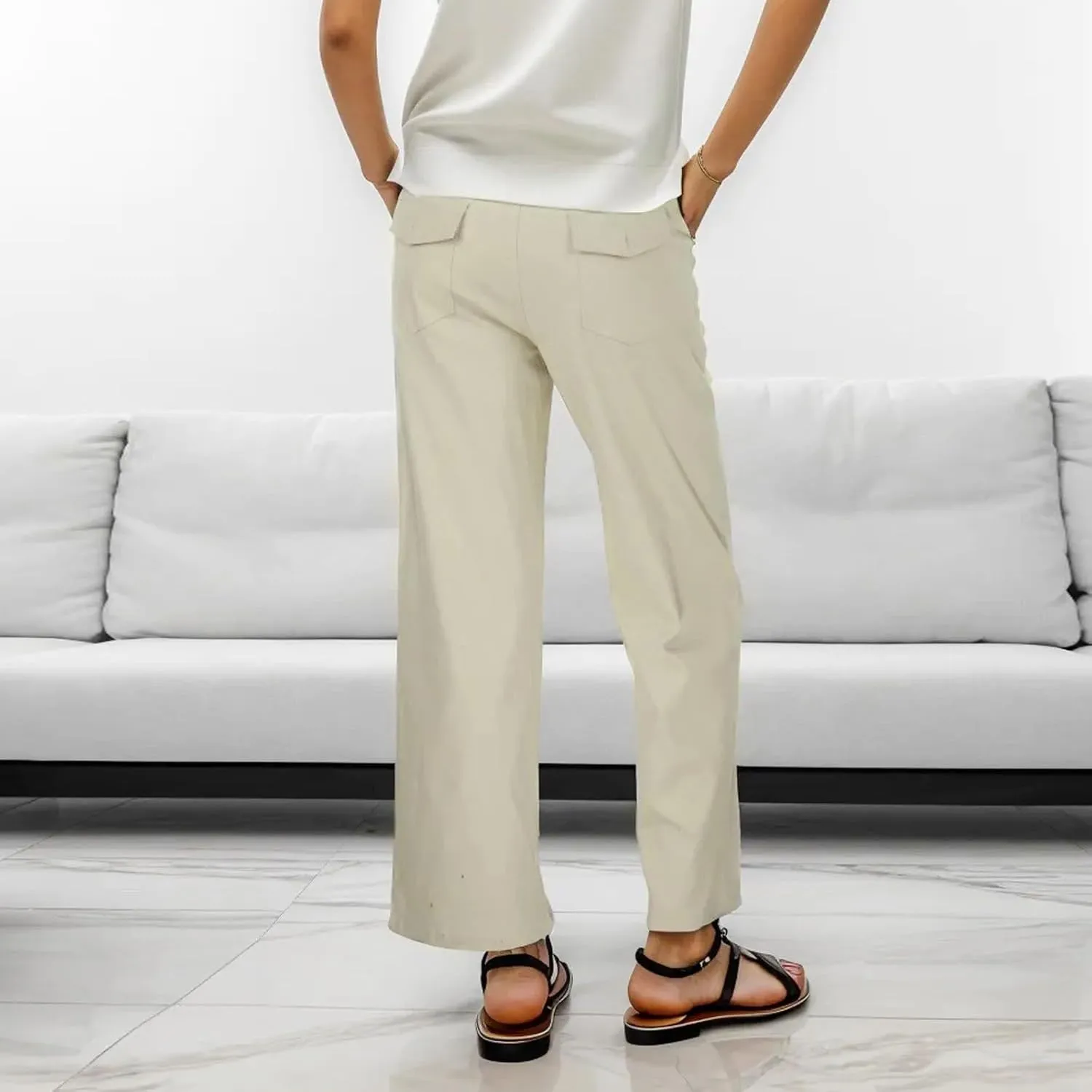 Womens Linen Blend Summer Lightweigt Palazzo Pants Elastic Waist Baggy Stretchy Slim-Fit Pants Beach