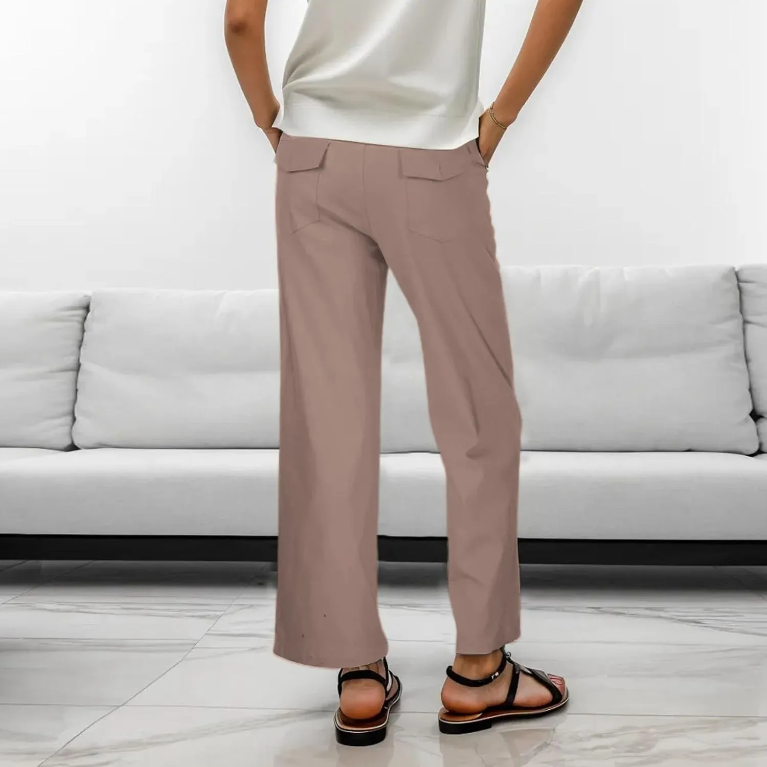 Womens Linen Blend Summer Lightweigt Palazzo Pants Elastic Waist Baggy Stretchy Slim-Fit Pants Beach