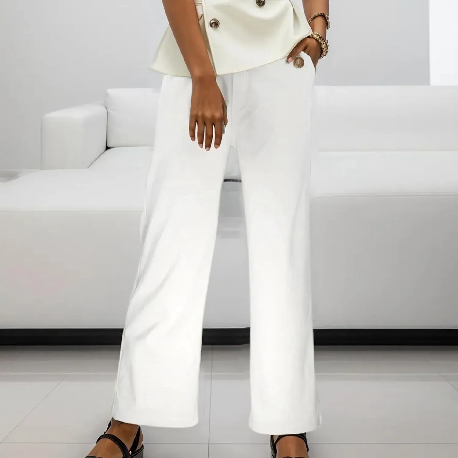 Womens Linen Blend Summer Lightweigt Palazzo Pants Elastic Waist Baggy Stretchy Slim-Fit Pants Beach