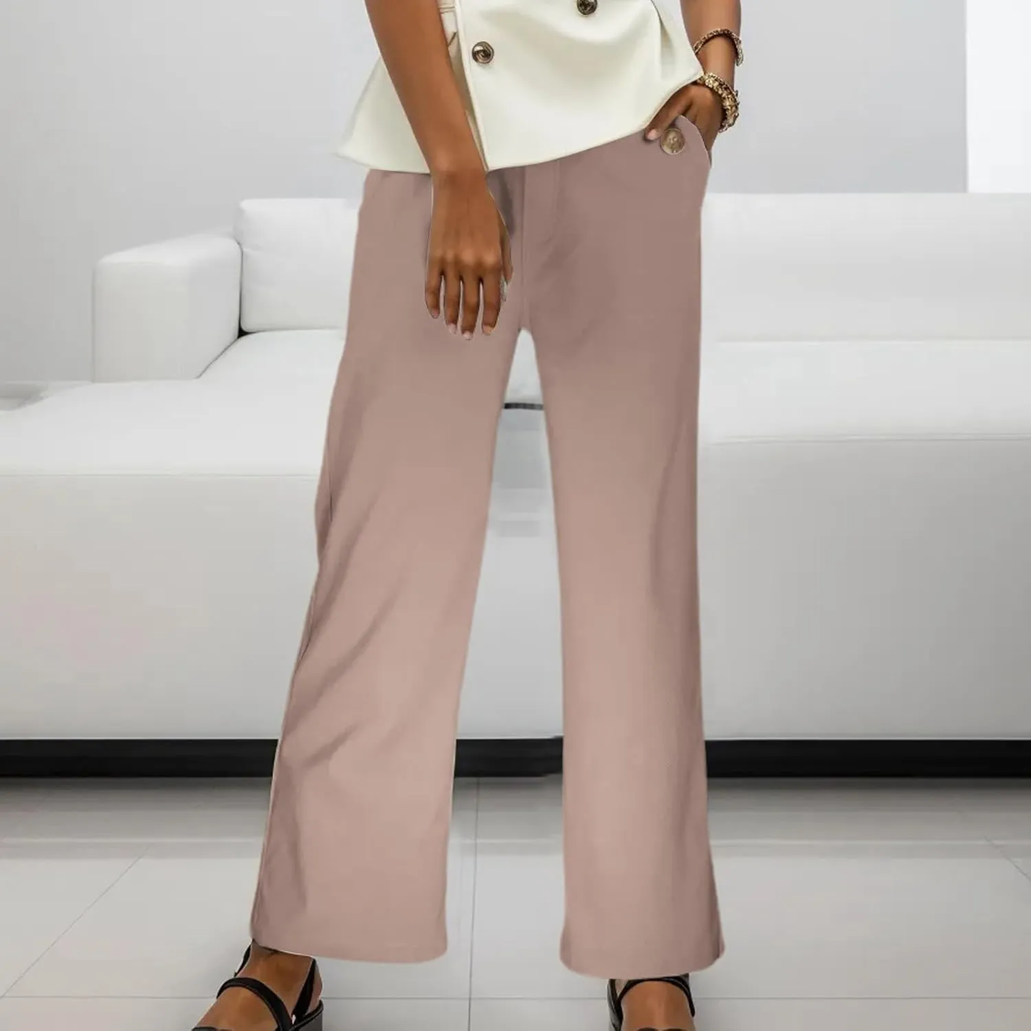Womens Linen Blend Summer Lightweigt Palazzo Pants Elastic Waist Baggy Stretchy Slim-Fit Pants Beach