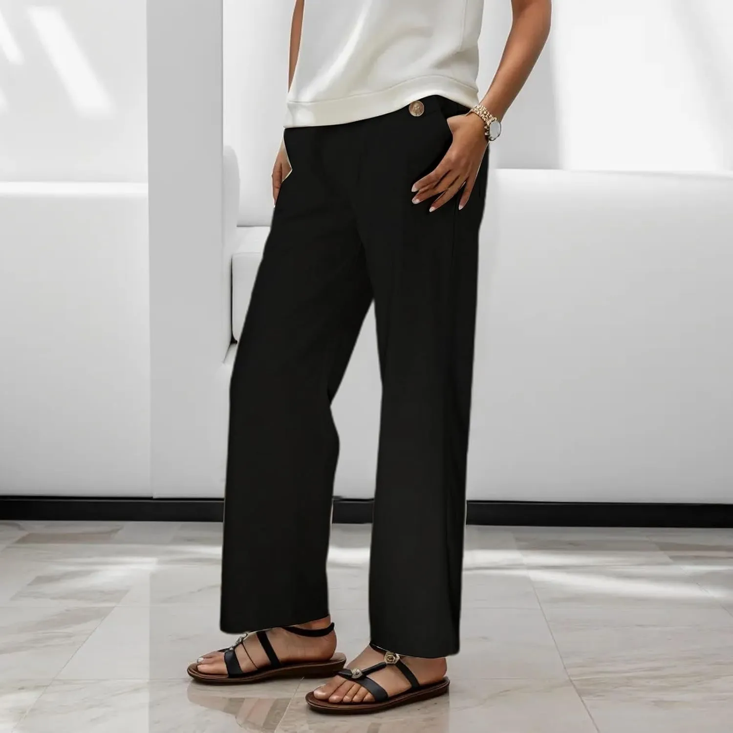 Womens Linen Blend Summer Lightweigt Palazzo Pants Elastic Waist Baggy Stretchy Slim-Fit Pants Beach
