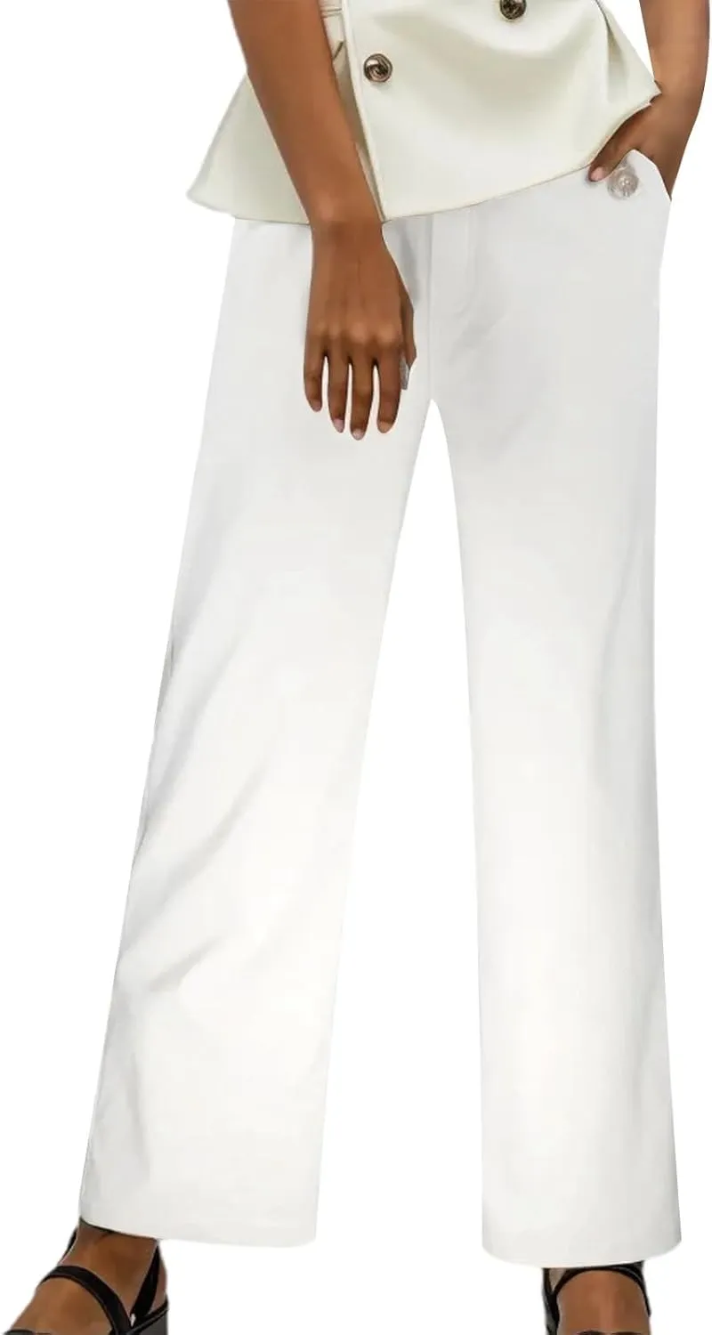 Womens Linen Blend Summer Lightweigt Palazzo Pants Elastic Waist Baggy Stretchy Slim-Fit Pants Beach