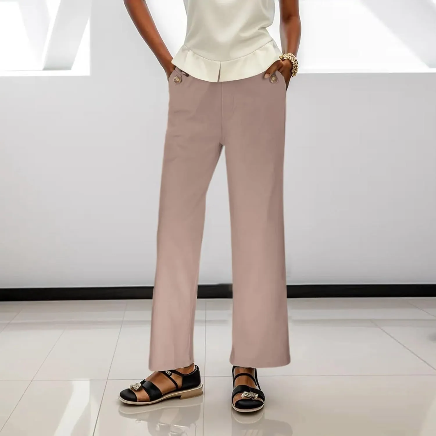 Womens Linen Blend Summer Lightweigt Palazzo Pants Elastic Waist Baggy Stretchy Slim-Fit Pants Beach