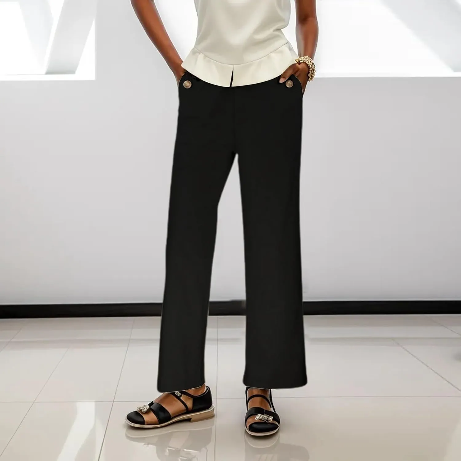 Womens Linen Blend Summer Lightweigt Palazzo Pants Elastic Waist Baggy Stretchy Slim-Fit Pants Beach