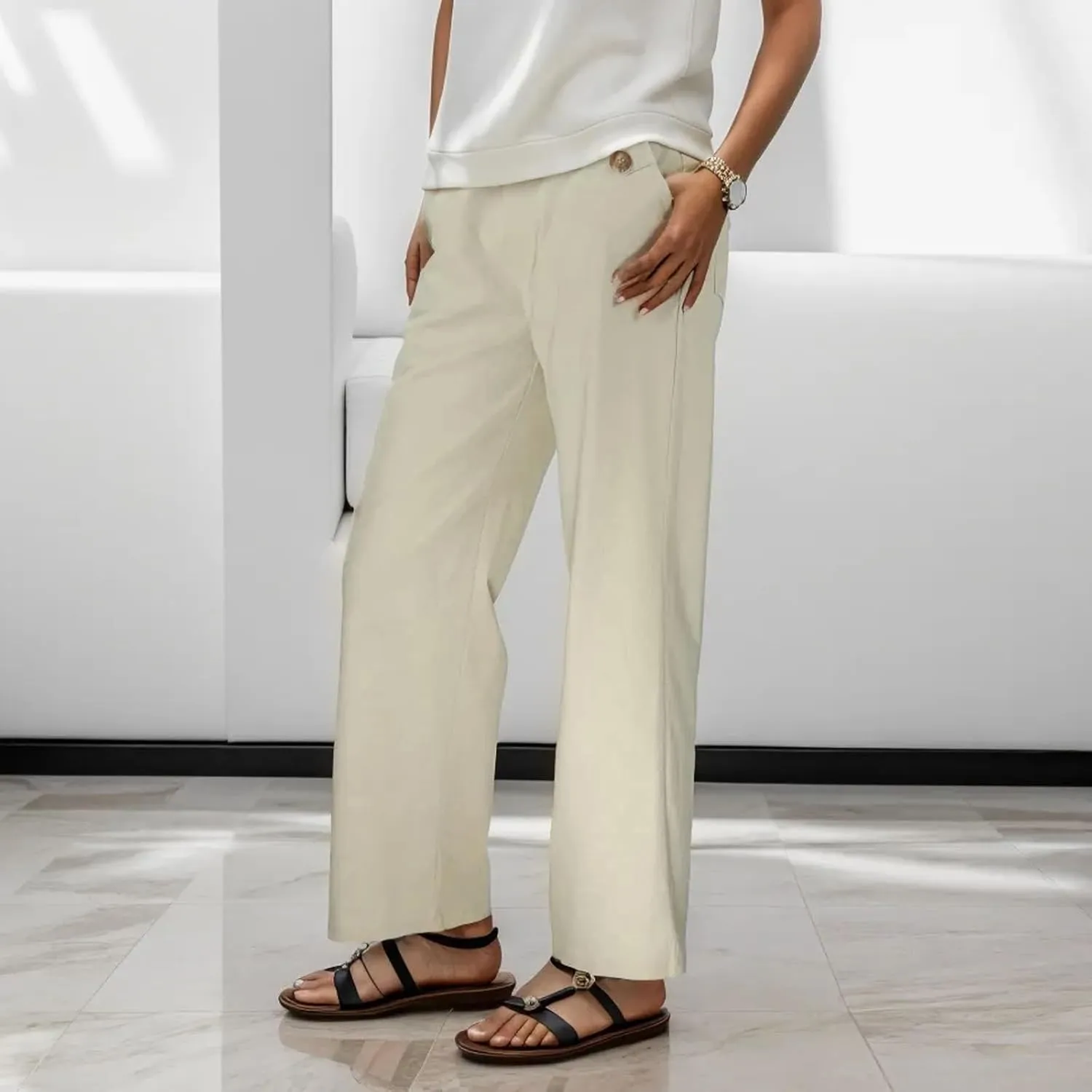 Womens Linen Blend Summer Lightweigt Palazzo Pants Elastic Waist Baggy Stretchy Slim-Fit Pants Beach