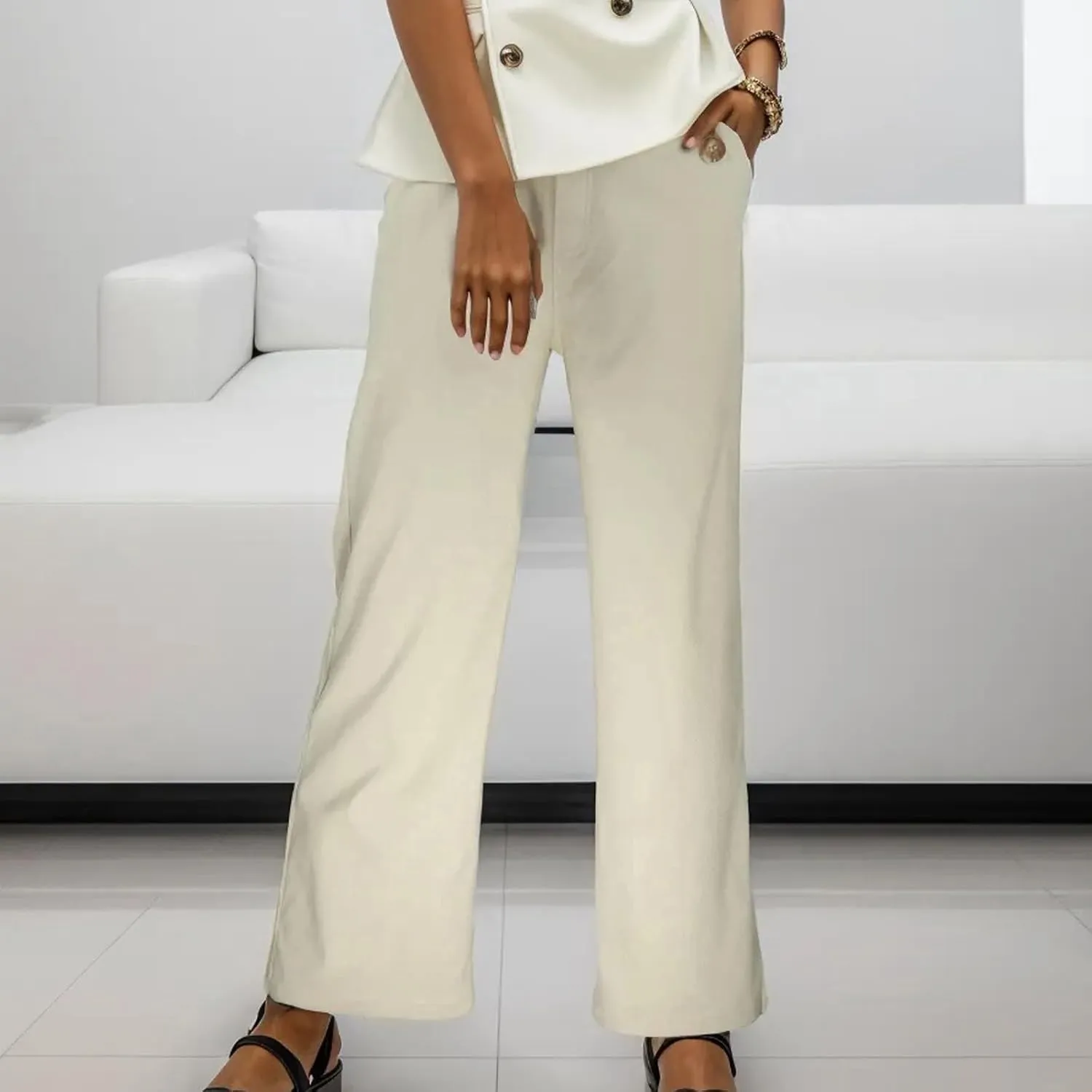 Womens Linen Blend Summer Lightweigt Palazzo Pants Elastic Waist Baggy Stretchy Slim-Fit Pants Beach