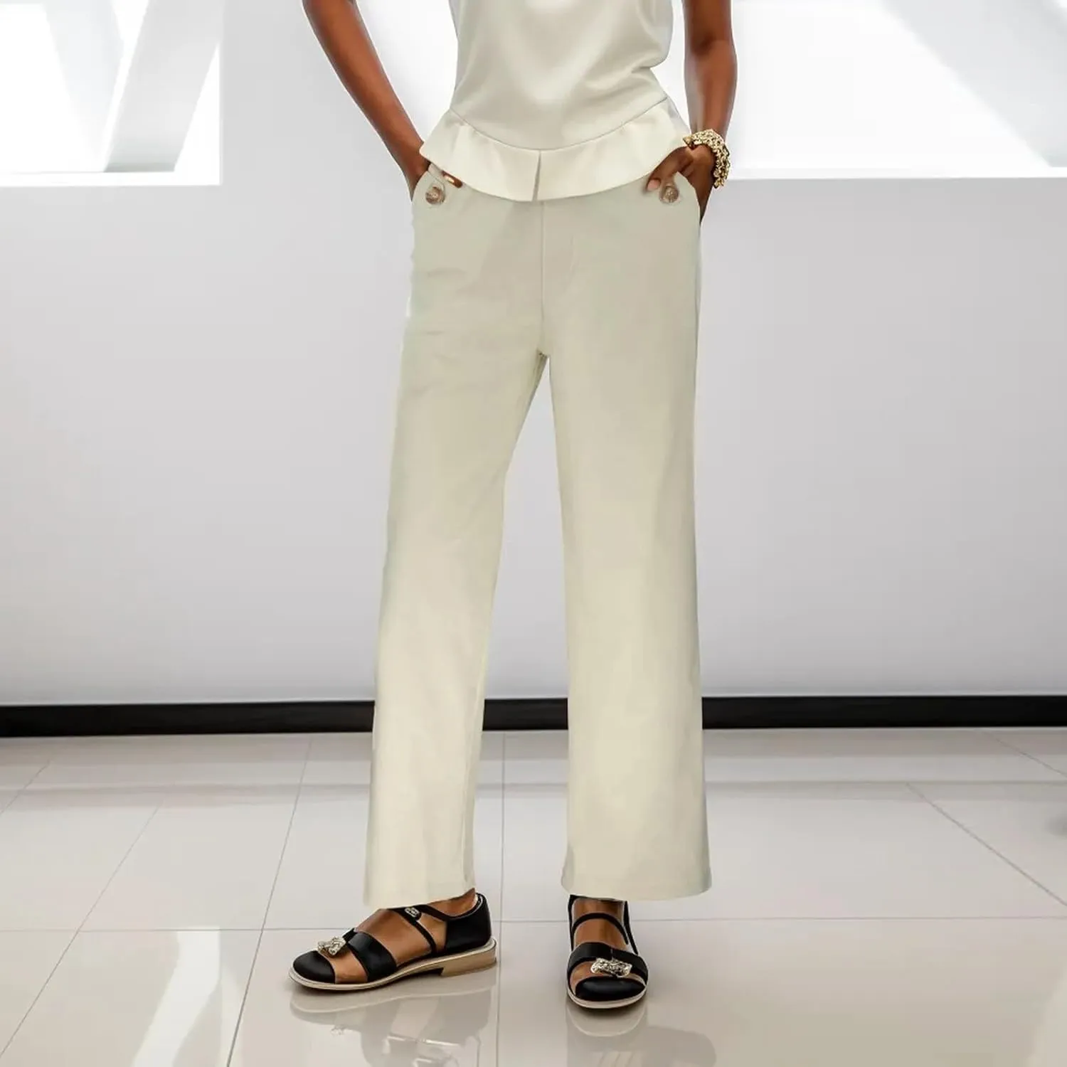 Womens Linen Blend Summer Lightweigt Palazzo Pants Elastic Waist Baggy Stretchy Slim-Fit Pants Beach
