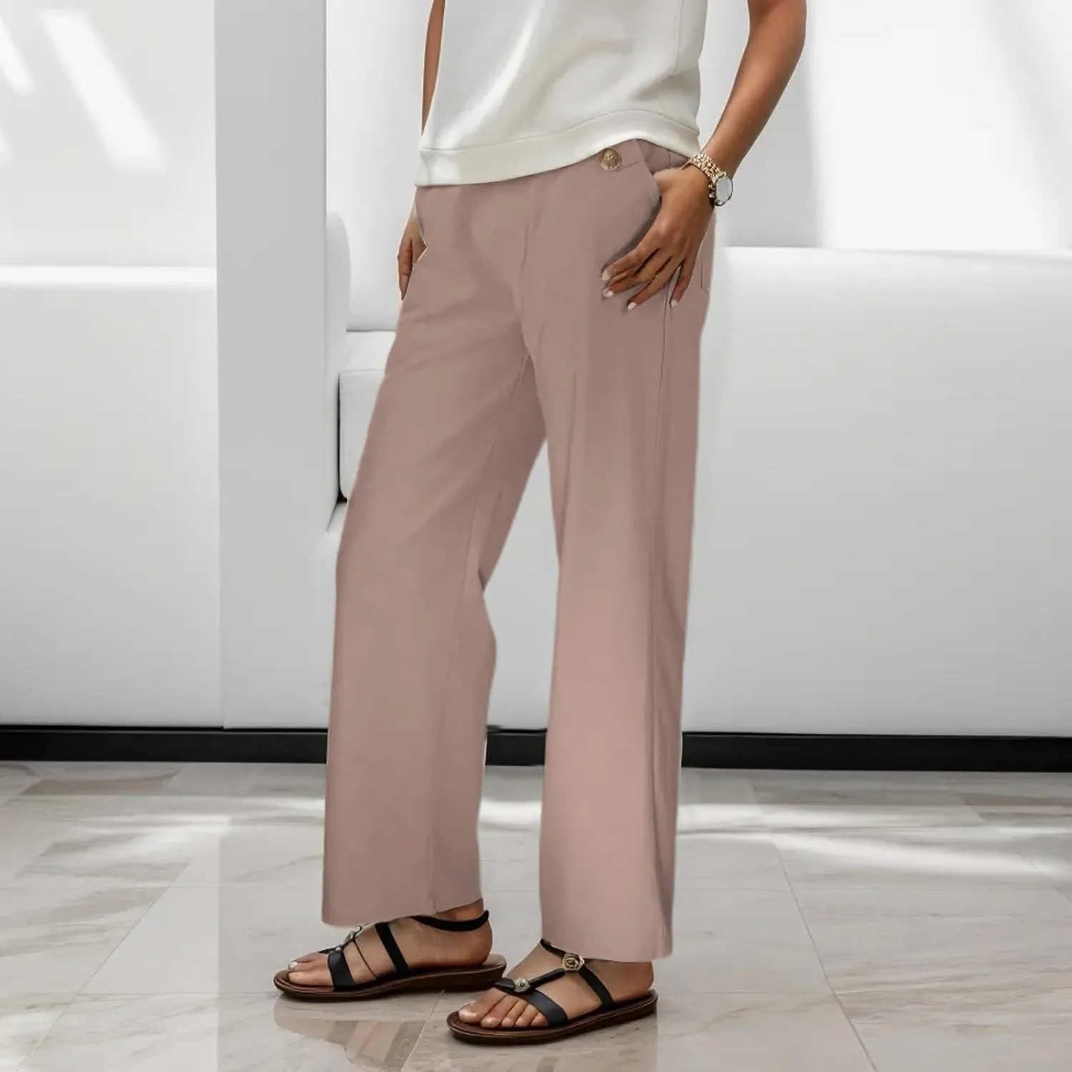 Womens Linen Blend Summer Lightweigt Palazzo Pants Elastic Waist Baggy Stretchy Slim-Fit Pants Beach