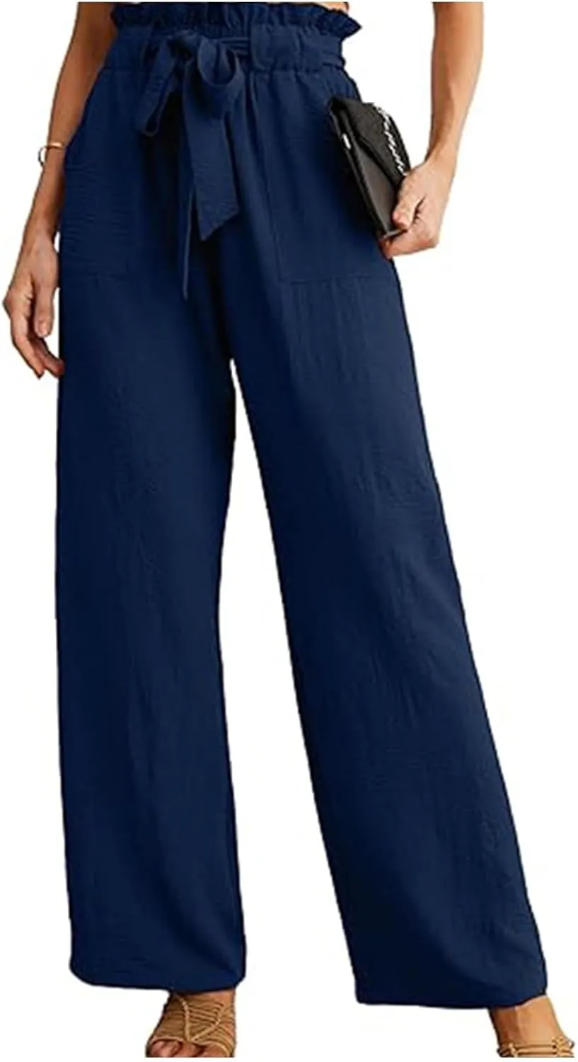 Women's Linen Blend Summer Pull On Palazzo Pants Low Waist Stretchy Straight Loose Fit Trousers Office