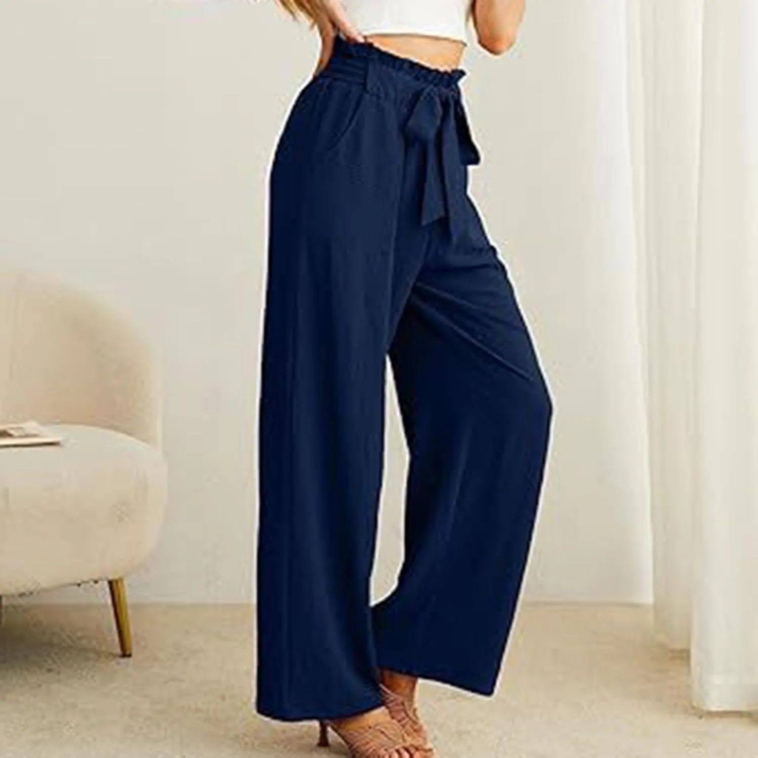 Women's Linen Blend Summer Pull On Palazzo Pants Low Waist Stretchy Straight Loose Fit Trousers Office