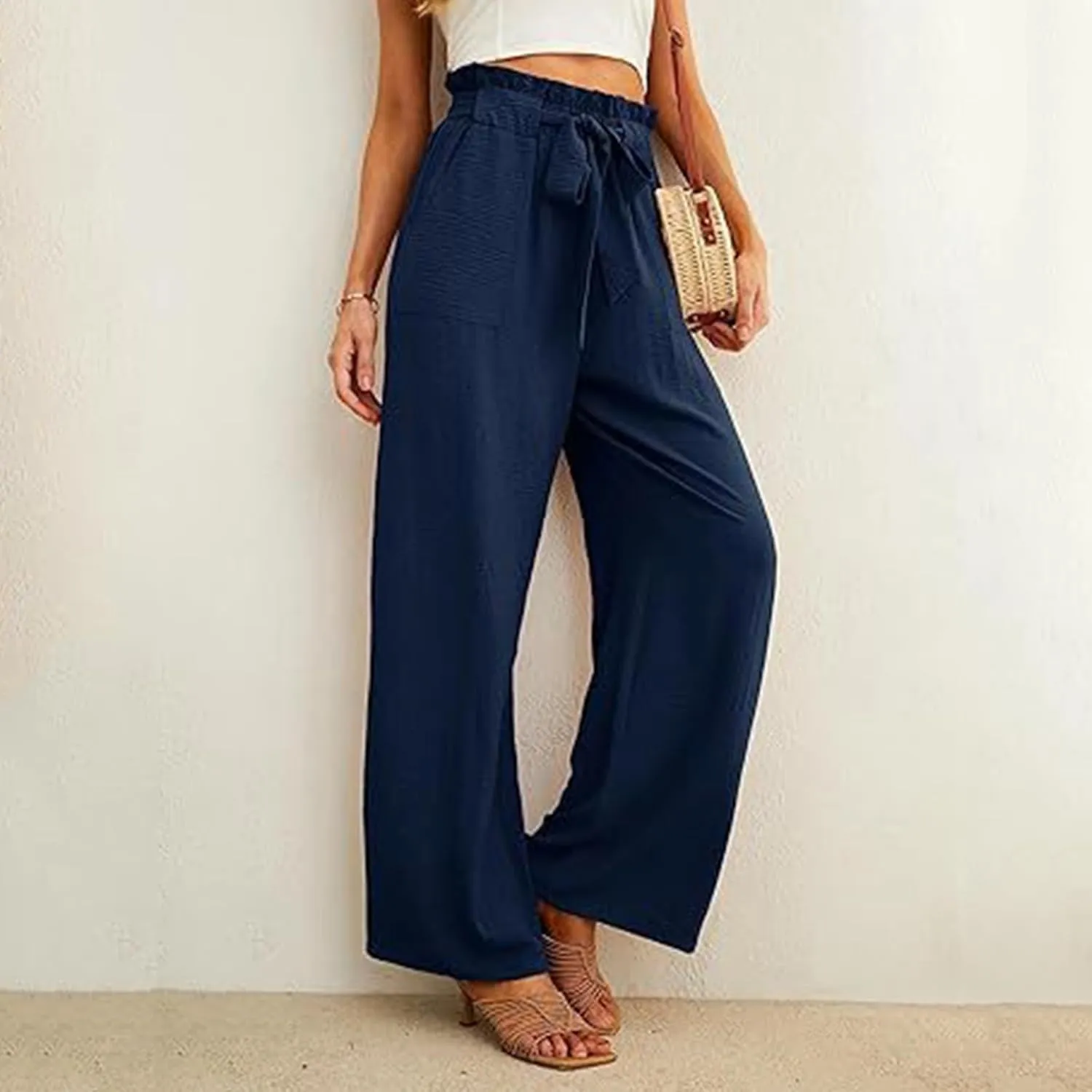 Women's Linen Blend Summer Pull On Palazzo Pants Low Waist Stretchy Straight Loose Fit Trousers Office