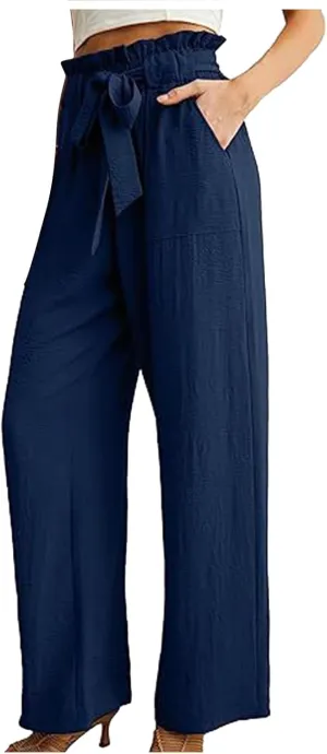 Women's Linen Blend Summer Pull On Palazzo Pants Low Waist Stretchy Straight Loose Fit Trousers Office