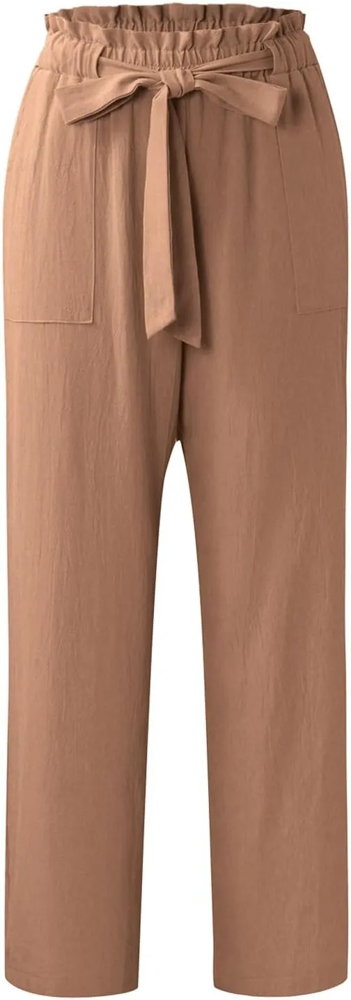 Women's Linen Blend Summer Pull On Palazzo Pants Low Waist Stretchy Straight Loose Fit Trousers Office