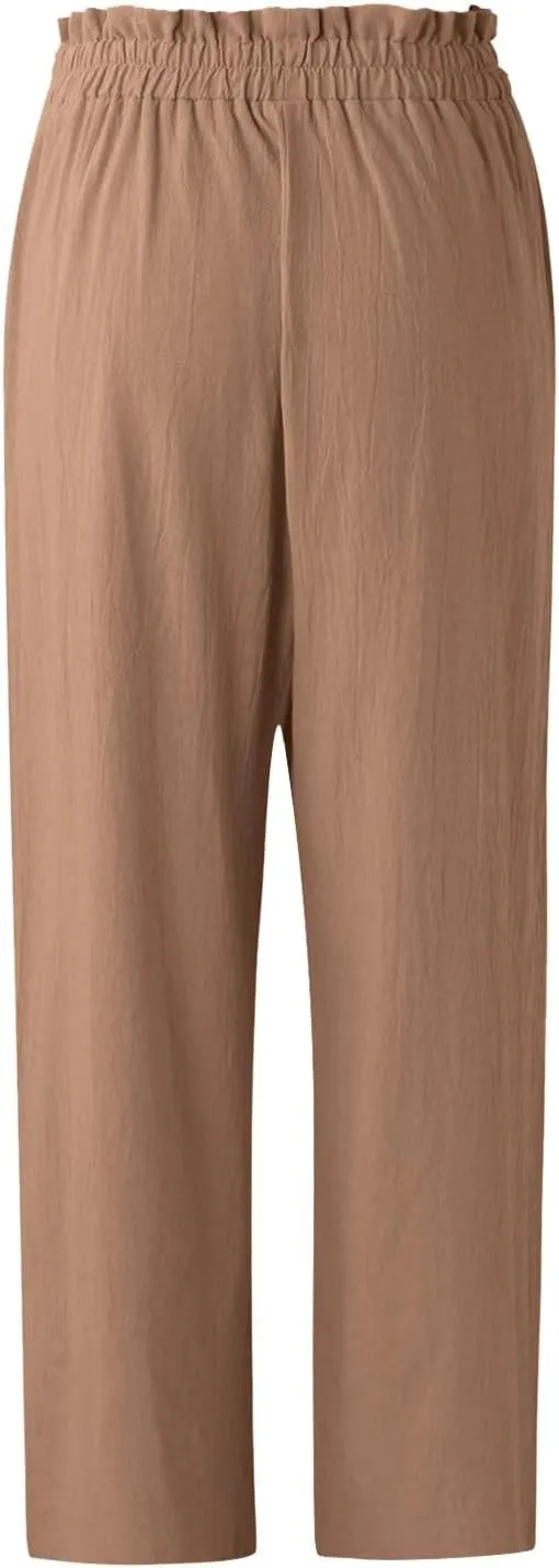 Women's Linen Blend Summer Pull On Palazzo Pants Low Waist Stretchy Straight Loose Fit Trousers Office