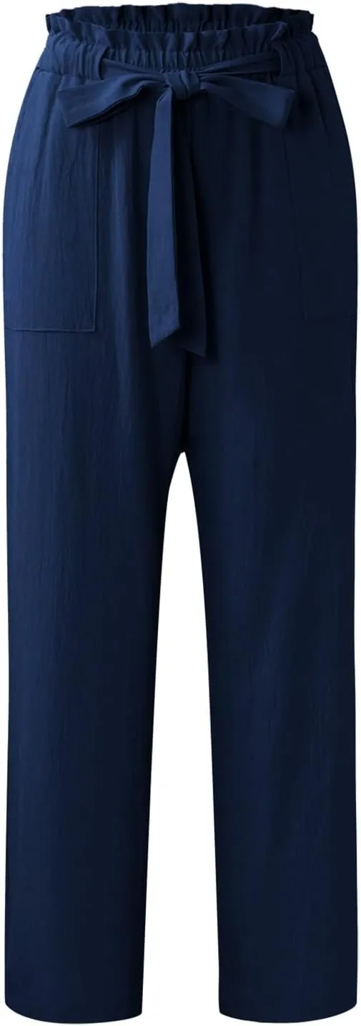 Women's Linen Blend Summer Pull On Palazzo Pants Low Waist Stretchy Straight Loose Fit Trousers Office