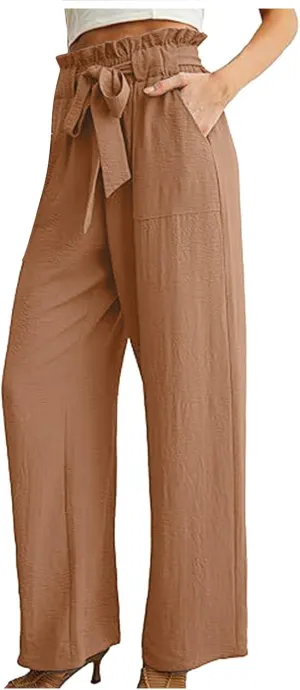 Women's Linen Blend Summer Pull On Palazzo Pants Low Waist Stretchy Straight Loose Fit Trousers Office