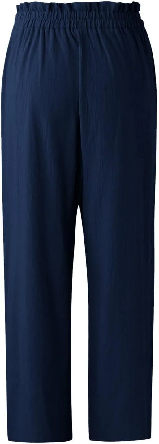 Women's Linen Blend Summer Pull On Palazzo Pants Low Waist Stretchy Straight Loose Fit Trousers Office