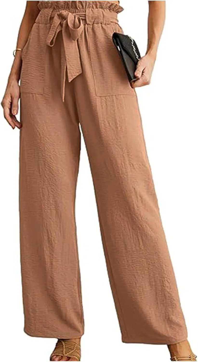 Women's Linen Blend Summer Pull On Palazzo Pants Low Waist Stretchy Straight Loose Fit Trousers Office