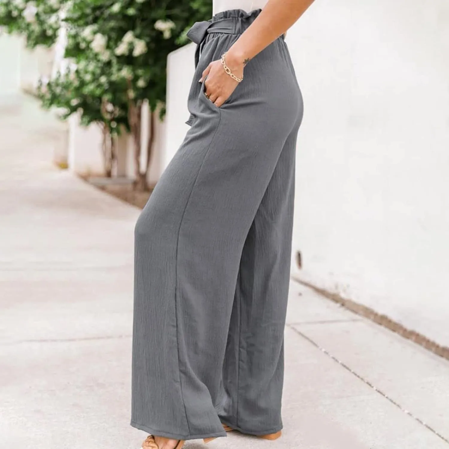 Women's Linen Summer Baggy Palazzo Pants Elastic Waisted Stretchy Loose Fit Palazzo Lounge Pants Office