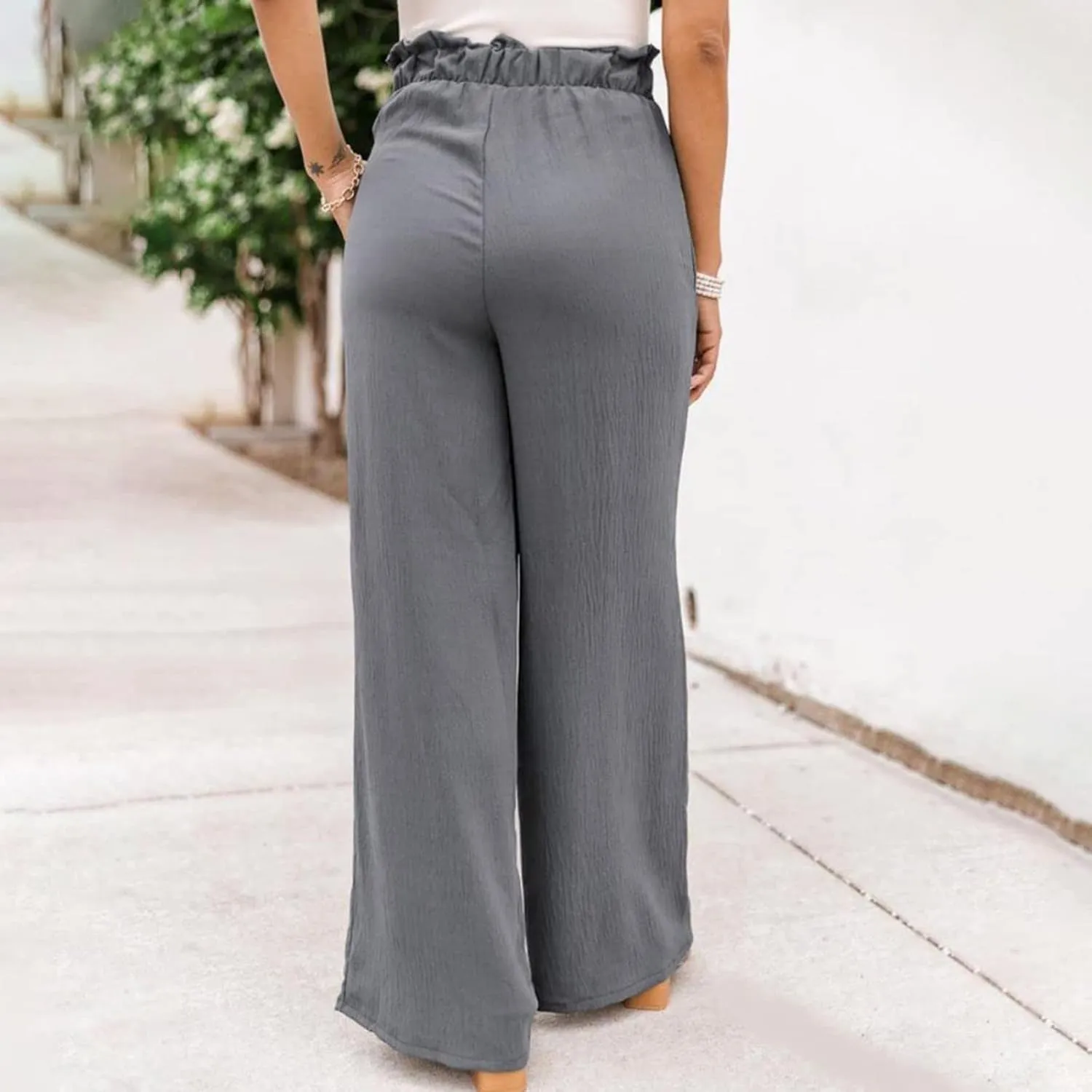 Women's Linen Summer Baggy Palazzo Pants Elastic Waisted Stretchy Loose Fit Palazzo Lounge Pants Office