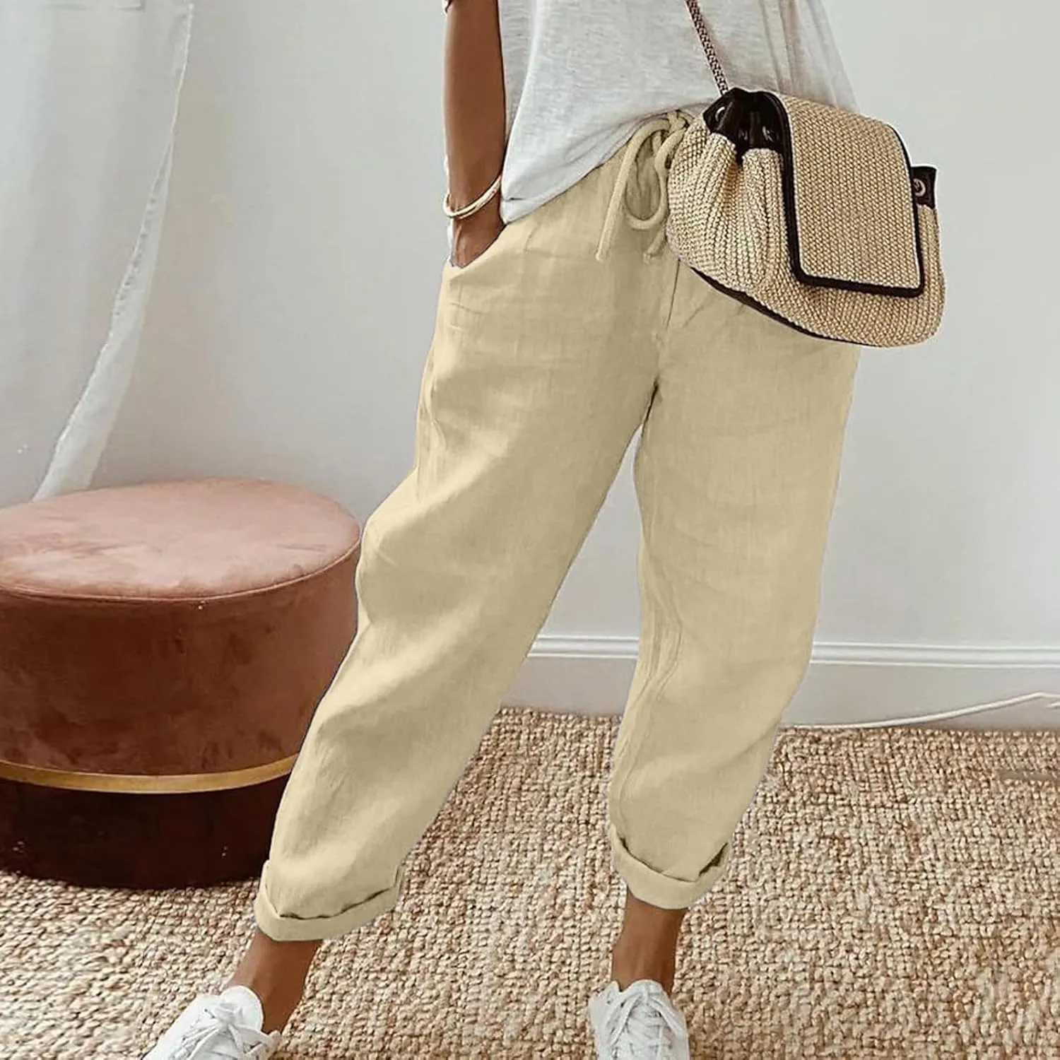 Womens Linen Summer Letter Patched Palazzo Pants Low Waist Stretchy Straight Slim Fit Palazzo Pants Office