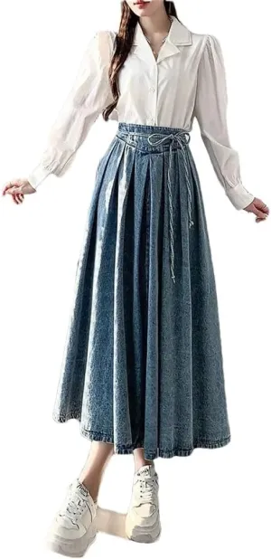 Women's Medium-Length A- Line Dress High-Waisted Slimming Denim Skirt