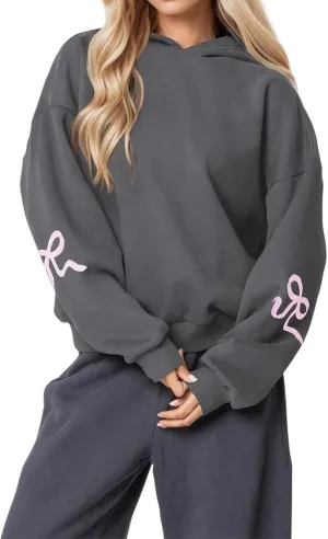 Women's Oversized Hoodies Bow Trim Print Fleeced Hooded Sweatshirts Oversized Long Sleeve Drop Shoulder Pullover Top