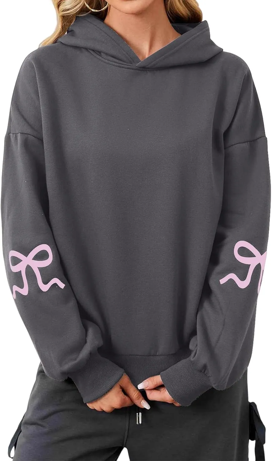 Women's Oversized Hoodies Bow Trim Print Fleeced Hooded Sweatshirts Oversized Long Sleeve Drop Shoulder Pullover Top