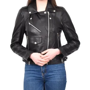 Women's Real Leather Biker Cross Zip Jacket Black Eclara