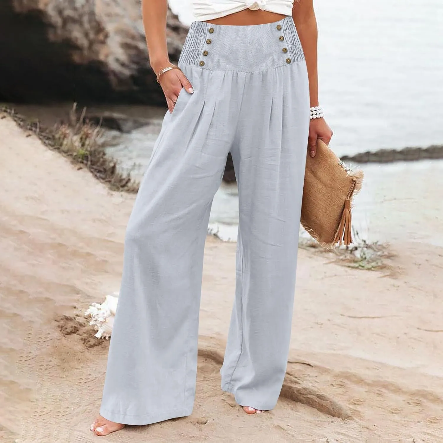 Women's Summer High Waisted Cotton and Linen Palazzo Pants Wide Leg Long Lounge Yoga Pant Trouser with Pocket