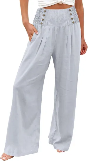 Women's Summer High Waisted Cotton and Linen Palazzo Pants Wide Leg Long Lounge Yoga Pant Trouser with Pocket
