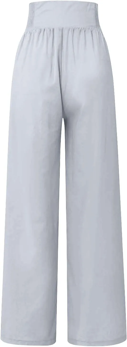 Women's Summer High Waisted Cotton and Linen Palazzo Pants Wide Leg Long Lounge Yoga Pant Trouser with Pocket