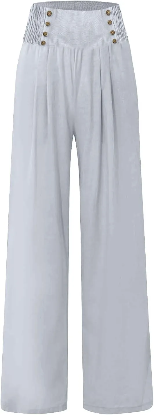 Women's Summer High Waisted Cotton and Linen Palazzo Pants Wide Leg Long Lounge Yoga Pant Trouser with Pocket