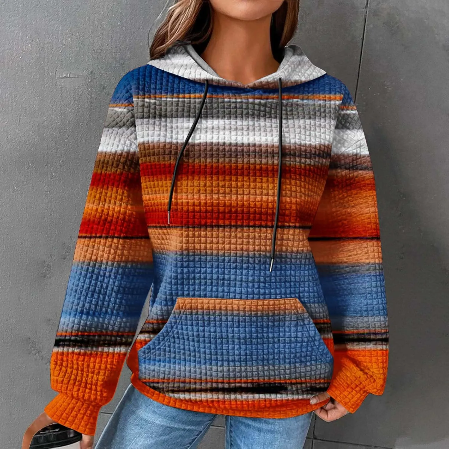 Womens Waffle Knit Hoodie Oversized Fashion Multicolored Sweatshirt Casual Drawstring Pullover Tops with Pockets